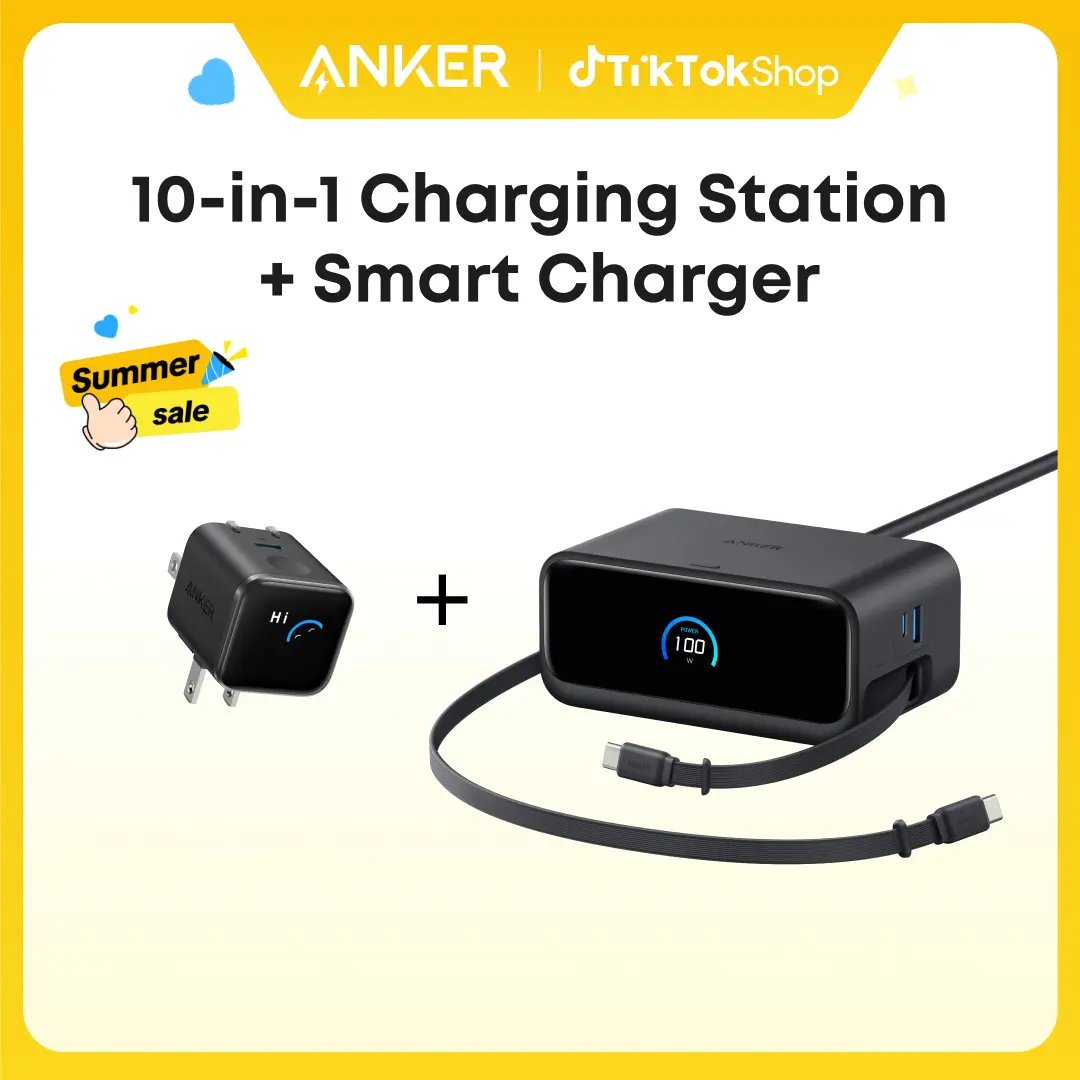 Anker Nano Charging Station( 2.3 ft Anker InstaCord Retractable Cable, 3 USB-C, 1 USB-A, 3 AC) + Anker Smart Display Charger ( Built-In Care Mode, Compact with 180° Foldable Plug)