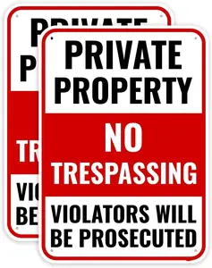 2PC Private Property No Trespassing Sign, 14 x 10 Inches - Aluminum - Warning 24 Hour Video Surveillance Security Camera Metal Sign
