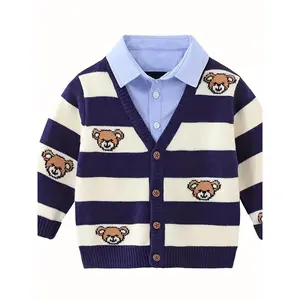 Boys' New Arrival 2-in-1 Look Shirt Collar Cardigan Knitted Sweater Cardigan Jacket