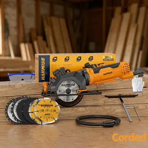 Electric circular saw, supporting 45 ° oblique cutting, with built-in laser assist. The tool set includes auxiliary guide rails, small wrenches, and 3 types of saw blades, suitable for cutting wood, plastic, ceramic tiles, and soft metal materials.