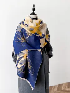 Women's Floral Print Fringe Trim Double Sided Boho Style Scarf, Casual Soft Warm Shawl for Fall & Winter, Fashion Accessories for Daily Wear