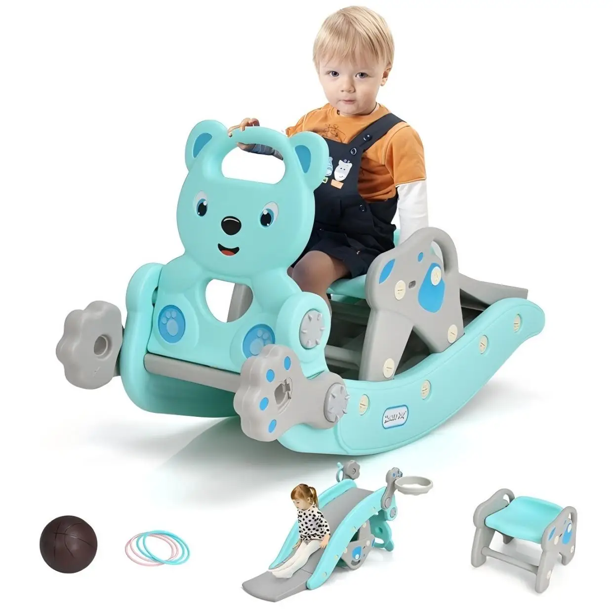 Costzon Slide Rocking Playset with Basketball Hoop, Rocking Horse, Slide, Foldable Climber Playground Slide for Both Indoors Outdoor Use, fathersdaygi