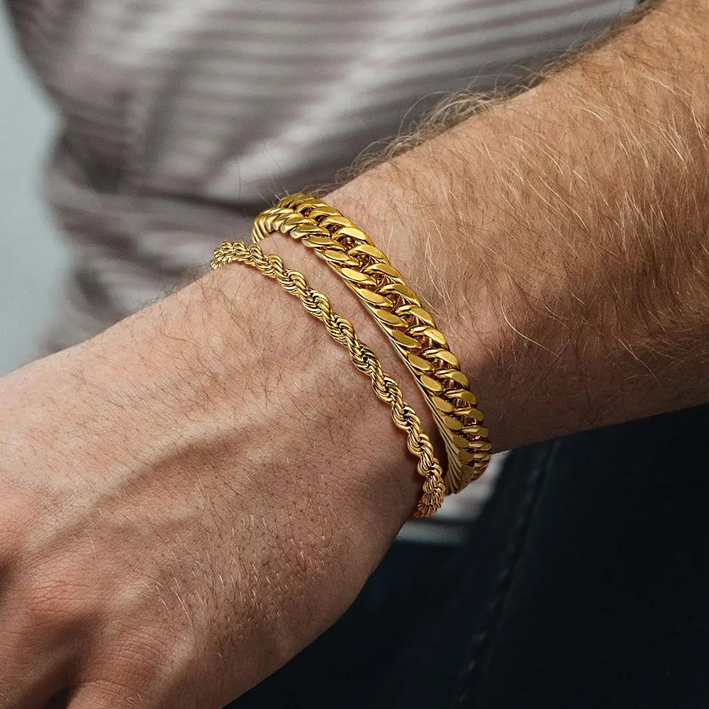 U7 Man Two Chains Bracelet Set Cuban Chain Rope Chain Bracelet Daily Casual Bracelet for Man
