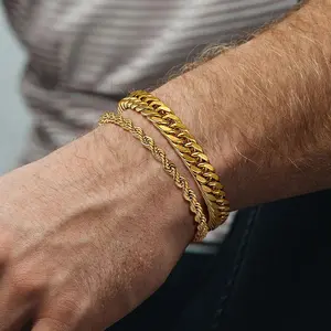 U7 Man Two Chains Bracelet Set Cuban Chain Rope Chain Bracelet Daily Casual Bracelet for Man