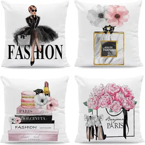 Set of 4 Throw Pillow Covers 18x18 Fashion Cute Decorative Pillow Covers Bed Sofa Couch Pillow Covers Pink Flower Gold Perfume Lipstick Paris Pink Soft Velvet Pillowcases (Black Pink)