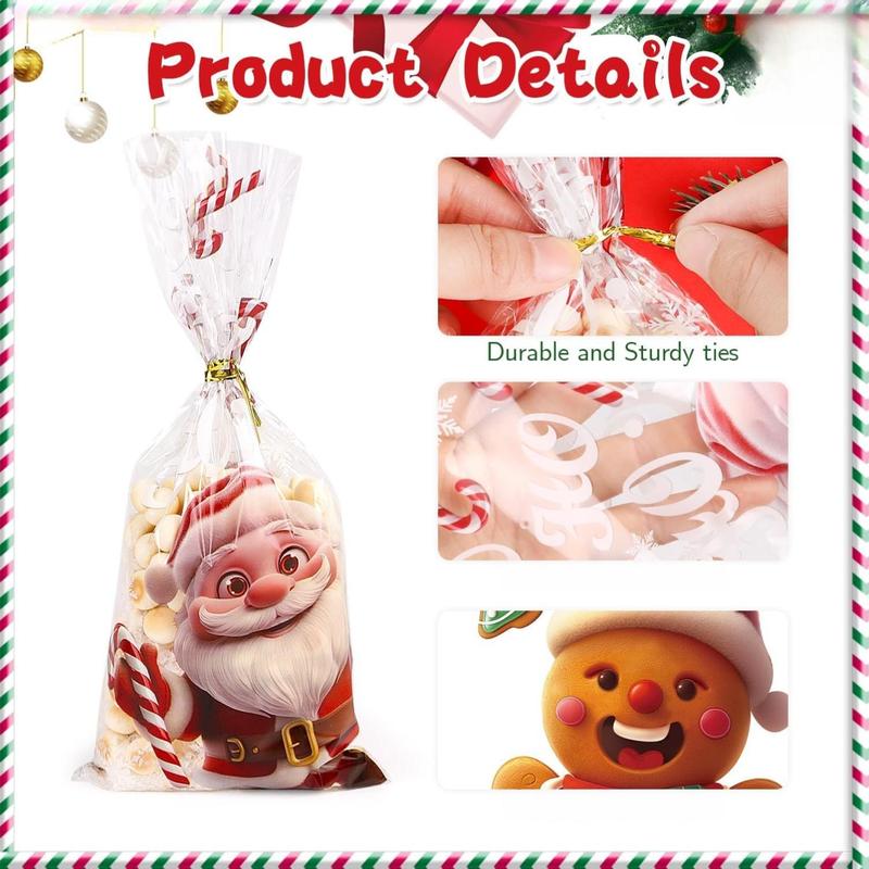 120 Pcs Christmas Cellophane Bags Xmas Candy Bags Clear OPP Material with 150 Twist Ties for Party Supplies 27 x 12.5 cm Festive Design