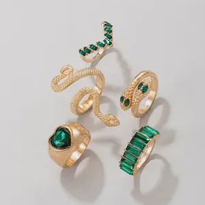Green Rhinestone Snake Ring Set - Fashion Accessories