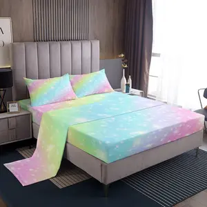 Rainbow Bedding Sets Tie Dye Pastel Bed Sheet Set Golden Glittery Sweet Sheet Set Abstract Watercolor Art Fitted Sheet + Flat Sheet + 1 Pillow Case