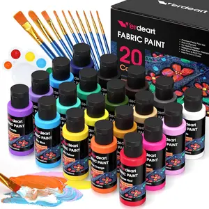 Fabric Paint 20 Colors Permanent Soft Fabric Paint Set for Clothes in Bottles (60ml/2oz) with 10 Brushes Palette