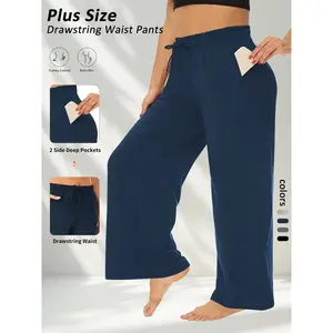 Women’s Plus Size Wide Leg Pants, Drawstring Elastic Waistband, Pockets, Casual Loose Fit Design, Comfortable for Everyday Wear