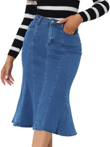 INSPIRE CHIC Fishtail Bodycon Skirt High Waist Long Denim Jean Skirt