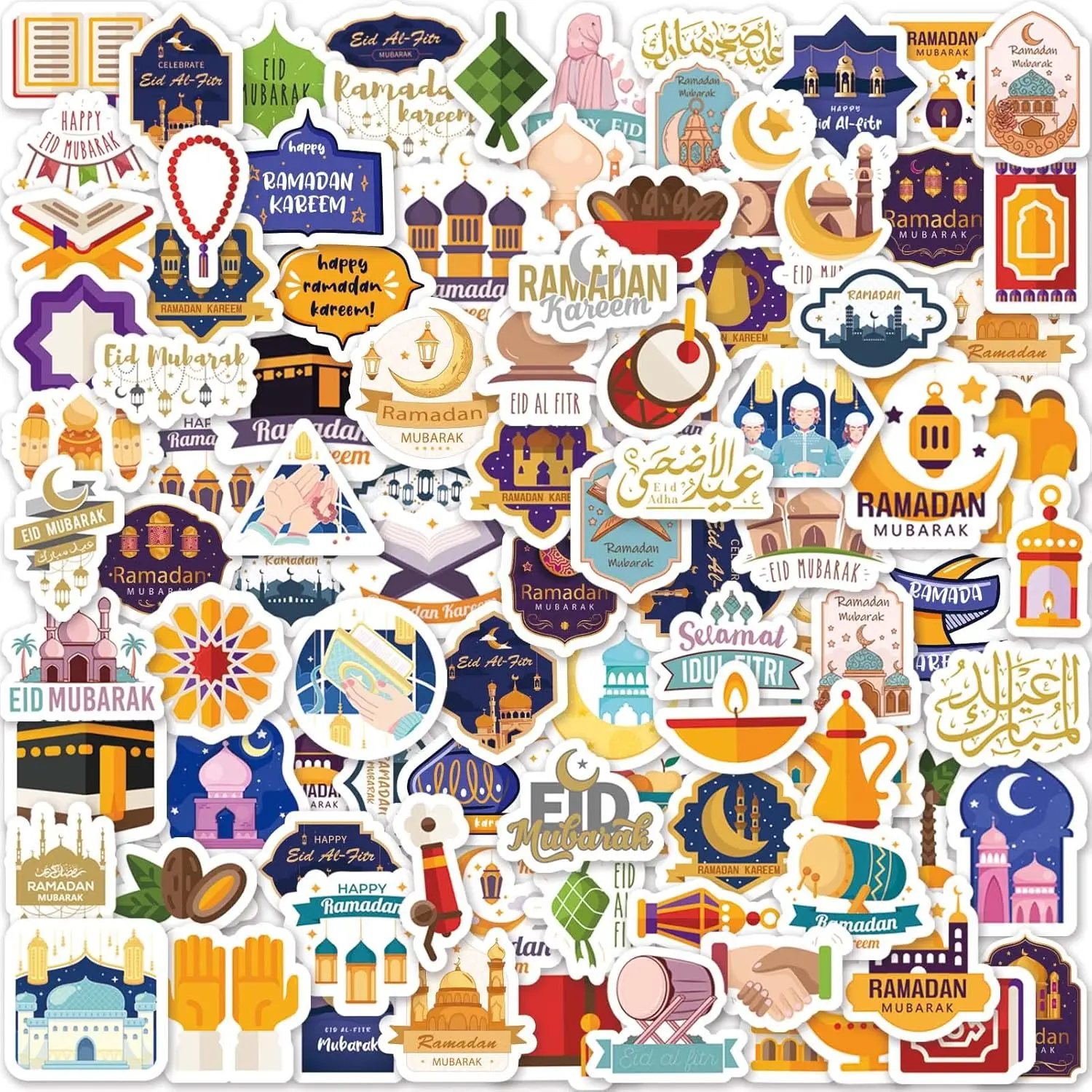 Ramadan and Eid Stickers 100 Pcs - Mubarak Stickers for Kids and Adults, Home Decorations, Gift Bags, Laptop, Skateboard, Water Bottles & Scrapbook