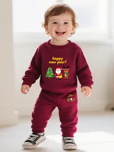Baby Boy Christmas Set, Long Sleeve Round Neck Sweater & Pants, Casual Fitted Design, All Seasons Wear, Cartoon Santa Deer Print