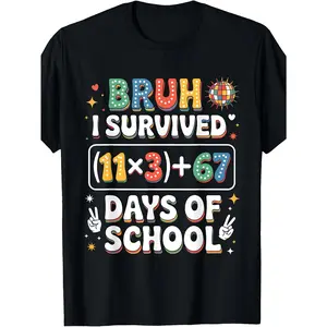 I Survived 100 Days School Bruh Groovy Math Equation 67 Meme T-Shirt Boys'and Girls' Pure Cotton Cool Tees for a Bright Season Size 120-160 (3-13Y)