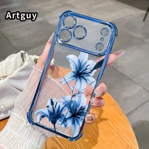 Blue Lily Grace Pattern Phone Case Compatible with iPhone 17 16 Pro Max 15 Plus 14 13 12 11 E Air Built-in Airbag Shockproof Full Coverage Transparent TPU Cover