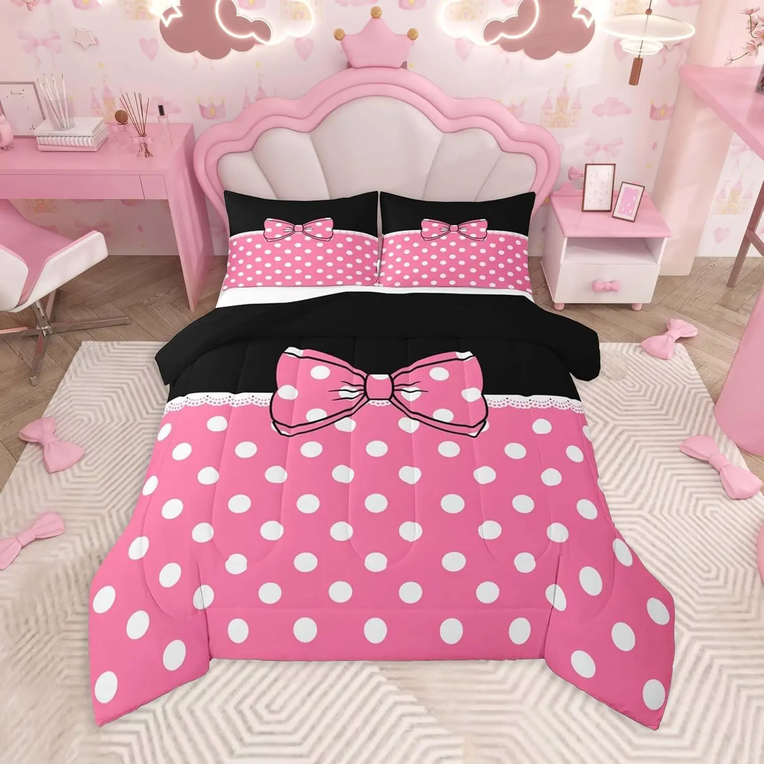 Cute Bowknot Bedding Set Polka Dots Comforter Set Princess Themed Duvet Quilt Soft Lightweight,Pink Microfiber