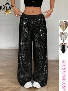 Women's Wide Leg Pants with Low Waist, Shiny Sequins for Casual Party Wear, Loose Fit Long Street Fashion Trousers, Womenswear