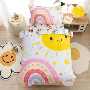 4 Pieces Soft Toddler Bedding Set, Cartoon Love Hearts Sun Stars and Raindrop Pattern Comforter Sets for Baby Girls Boys, Pink