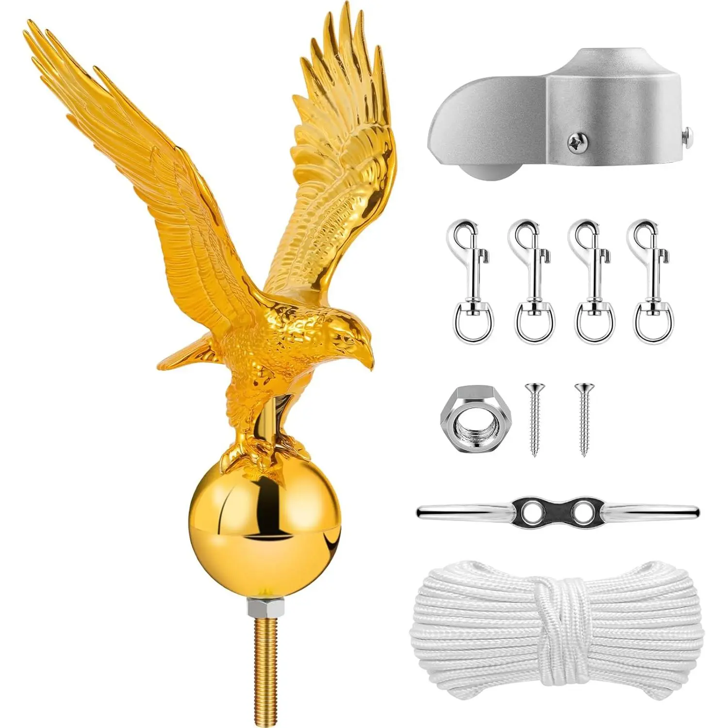 Golden Eagle Auro 2 Pro Gold 13-in Flagpole Topper & Hardware Repair Kit, 50FT Halyard Rope, 4-in Zinc Cleat Hook, Swivel Clips, Pulley Truck for 1.7"-2.1" Flagpoles (20/25/30FT), Garden Patio Outdoor All Seasons Use