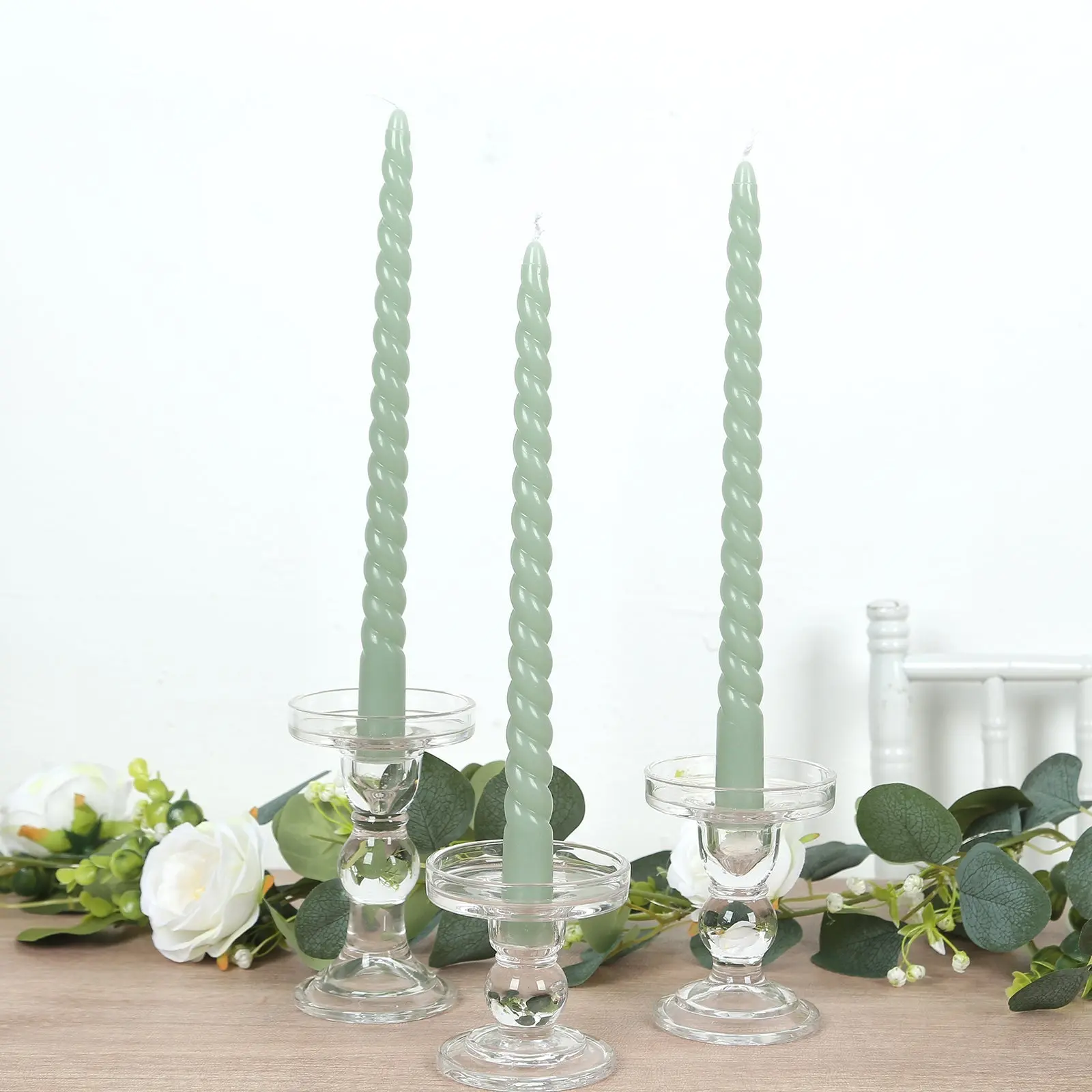 12 Pack Sage Green Premium Spiral Long Burn Wick Taper Candles, Tall Unscented Wax Dinner Candle Sticks 11"