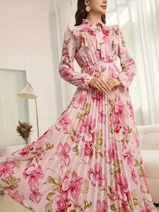 Elegant Women's Floral Print Long Sleeve Fit Dress, Front Tie Neckline, Casual Fashion for Spring & Fall, Ladies' Clothing