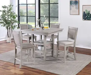 Dining Room Furniture Counter Height 5pc Set Square Table w Shelves Cushion Chairs Modern Style Rustic Grey