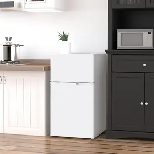 3.2 Cu.Ft Double-Door Mini Fridge with Freezer, Adjustable Thermostat, Shelf, Reversible Door & Energy-Efficient Design, White Compact Refrigerator for Camping, Bedroom
