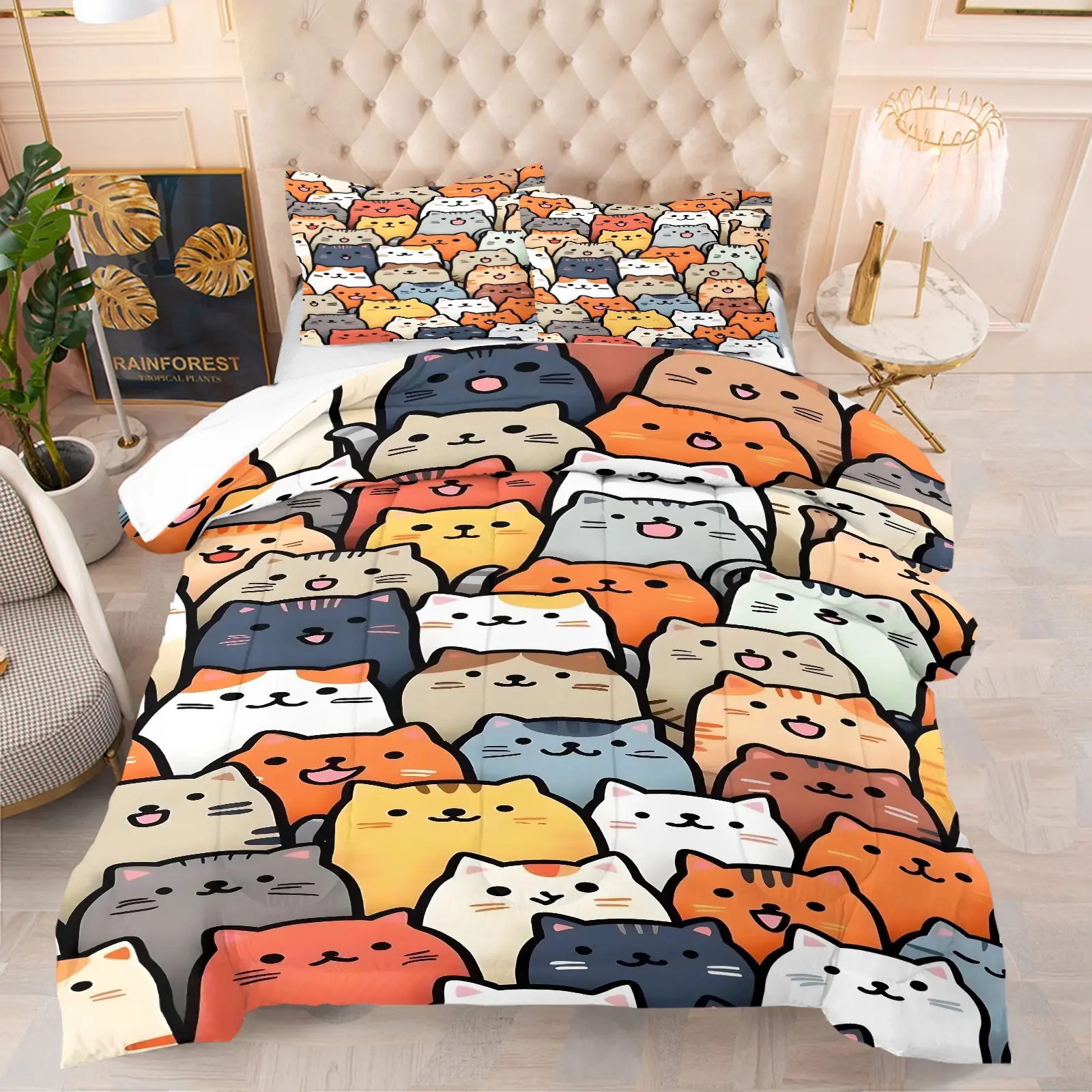 2/3piece Set of Adorable Cartoon Cat Print Comforter Set, a Soft and Cute Cat-Themed Bedding Set, Warm, Soft, and Breathable Bedroom Decor, the Perfect Gift for Animal Lovers