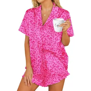 Womens Satin Pajamas Set Button Down 2 Piece Silk Pjs Shorts Set Ruffle Lingerie Notch Collar SleepwearGift