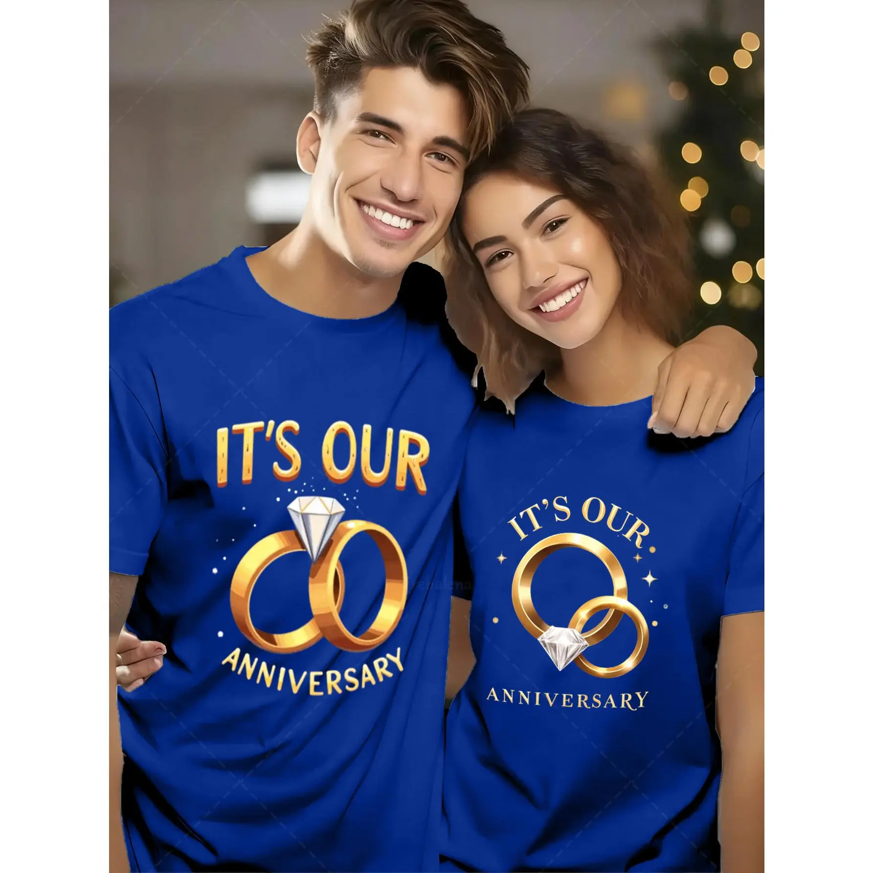 His & Hers Matching Couple T-Shirts - Cotton, Fitted, Casual Style Clothes with Golden Wedding Rings, Custom Names/Initials/Date Print, Plus Size Round Neck Short Sleeve Tops, Anniversary & Wedding Gift Set, Year-Round Keepsake, Women
