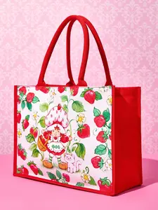 Strawberry Shortcake 1pc Polyester Cartoon Character Strawberry Printed Large Capacity Tote Bag, Fits Laptop, Suitable For Commuting, School, Outdoor, Women, Sweet, Pastoral Style