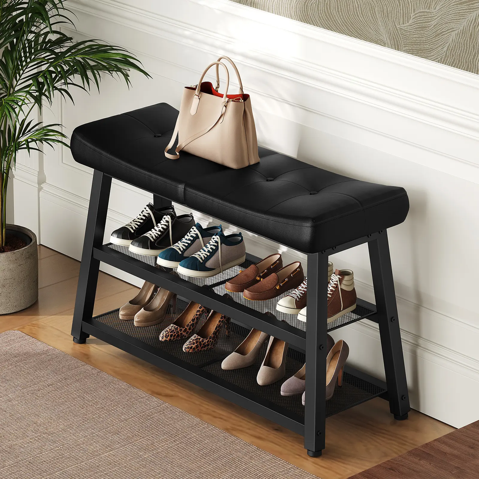 YATINEY 2-Tier PU Shoe Bench, Stylish Upholstered Shoe Bench, Entryway Bench with Storage and Cushion, Shoe Rack for Hallway, Foyer, Bedroom, Black #SummerVibes#DealsforYouDays #SummerGarden