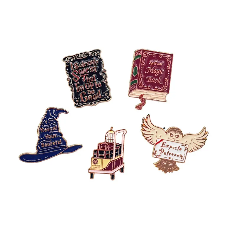 Magic Wizard Enamel Pin Set - Fantasy Themed Brooch Pins with Magic Book, Wand, Owl, Hat Designs - Cute Lapel Badges for Backpacks, Clothing - Gift for Book Lovers