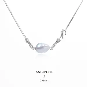 ANGEPERLE S925 Silver Freshwater Pearl and "Blue Blood" Baroque Pearl Necklace 13-16mm TSJCY415