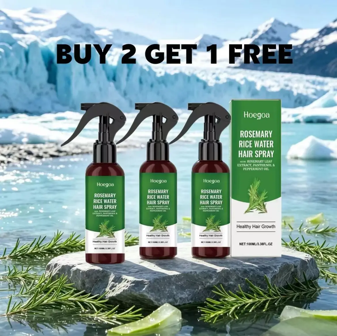 [Buy 2 Get 1 Free] Rosemary Rice Water Spray with Rosmarinus Leaf Extract & Mentha Piperita (Peppermint) Oil, 100mL Scalp Nourishment Haircare Fuzz Hair Booster – Shake Apply