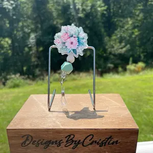 Designs By Cristin Flower Badge Reel with Pastel Floral Design and Beads on Wooden Base