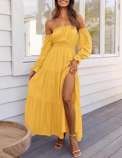 Women's Off The Shoulder Maxi Dress Puff Long Sleeve Ruffle High Slit Boho Flowy Tiered Long Dresses for Summer Party Beach