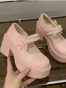 New Glossy Leather Mary Jane Shoes, Bow Design Heeled Sandals, Three Colors Pearl Bow, Thick Sole Women's Footwear