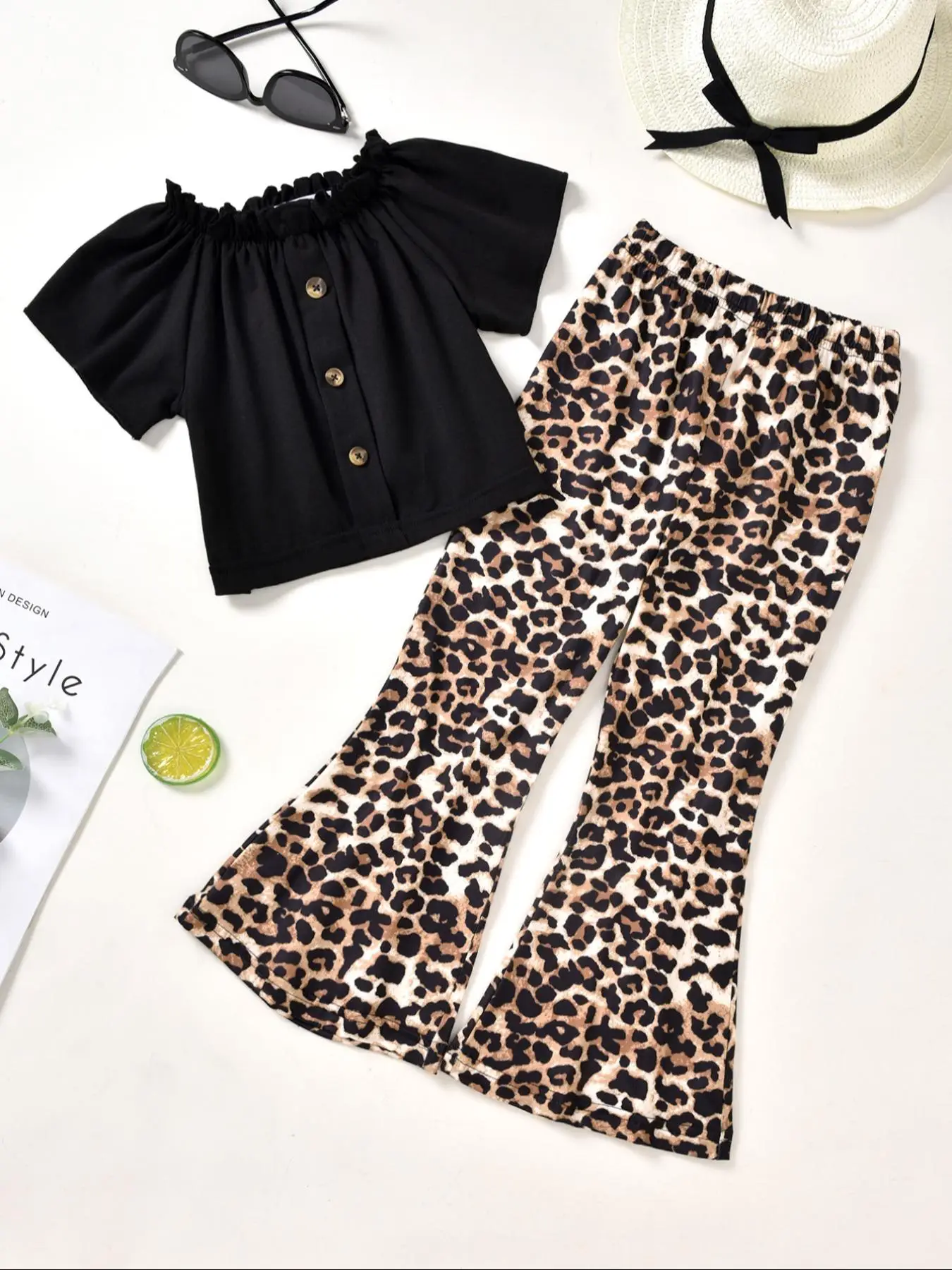 Toddler Girl's Solid Fake Buttons Top & Leopard Print Flare Leg Pants Two-piece Set, Casual Fashion Cozy Two Piece Outfits for Daily Outdoor Wear, Tod