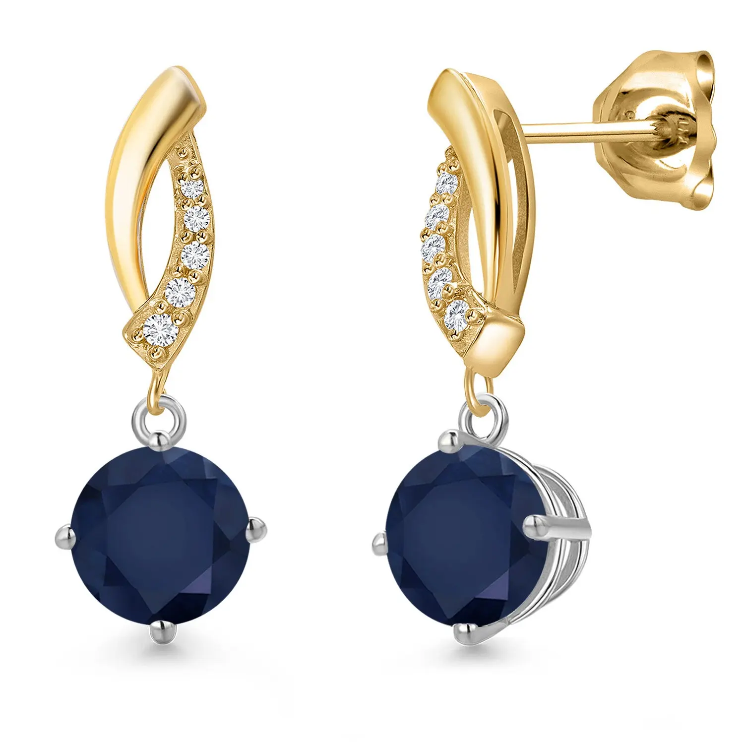 925 Silver and 10K Yellow Gold Blue Sapphire and Lab Grown Diamond Dangle Earrings for Women | 2.25 Cttw | Gemstone September Birthstone | Round 6MM