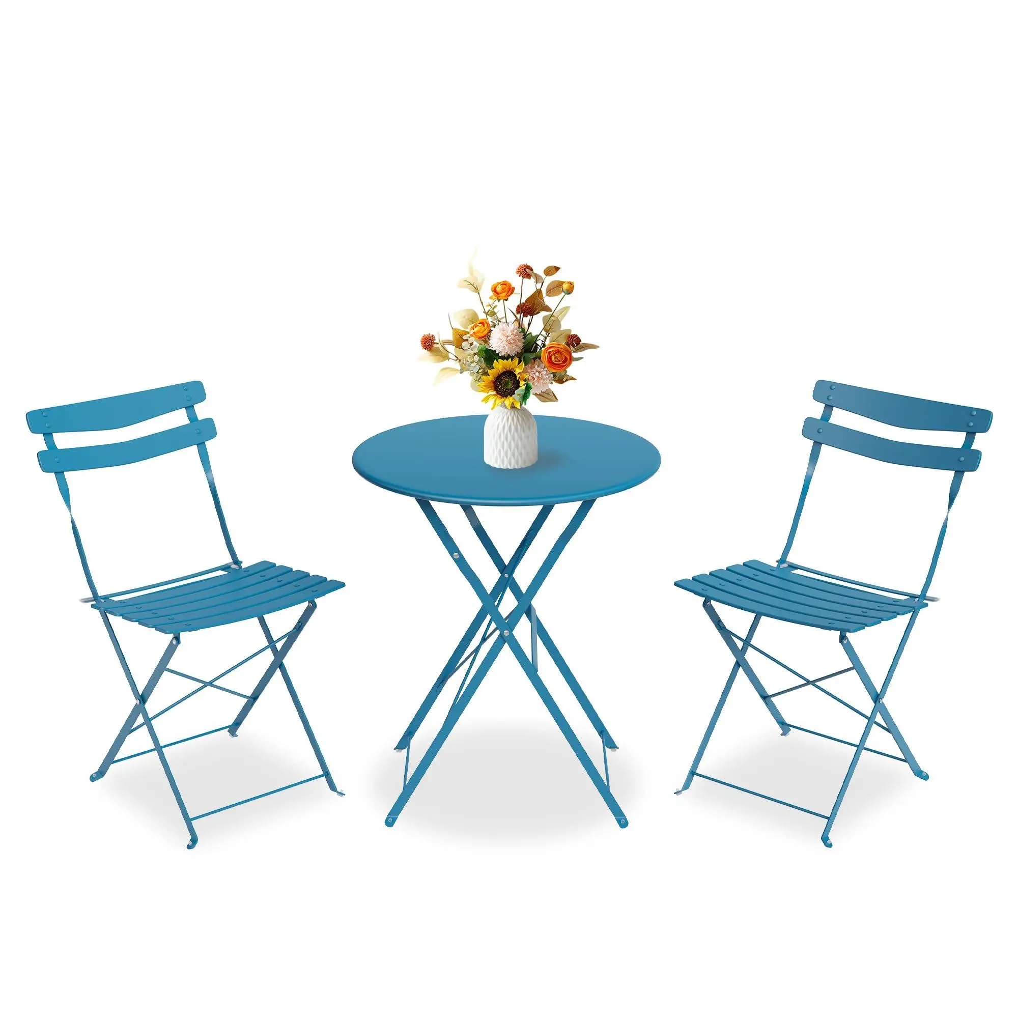 Gaomon 3-Piece Minimalist Modern Patio Bistro Set - Foldable Metal Table, 2 Foldable Chairs, Pre-Assembled Outdoor Patio Furniture for Balcony, Yard, Peacock Blue