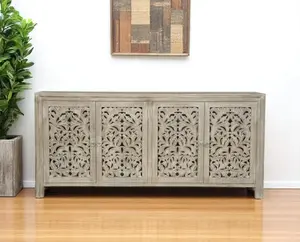 212 MAIN Rectangular Transitional Solid Wood Sideboard, 36hx78wx16d in, Gray Distressed Finish, Carved Flora Detailing, 4-Door Storage Piece