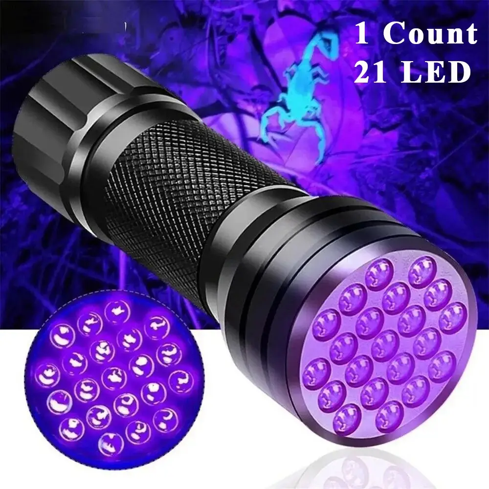 Portable 21 LED UV Flashlight, Light 395nm Mini Torch, Compact Size Pet Urine Stain Detection Aluminum Alloy (batteries Not Included)