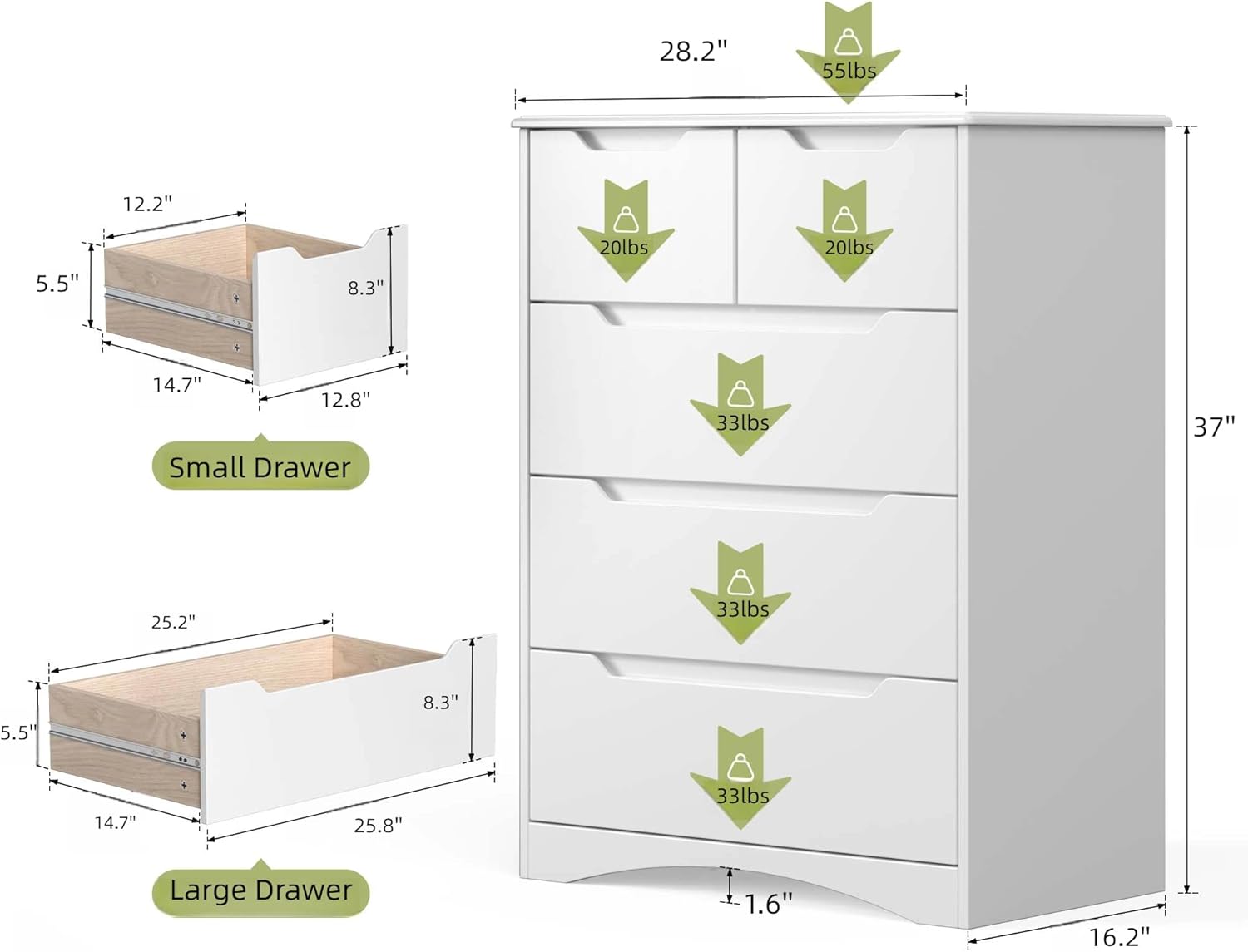 Gizoon 5 Drawers Chest, White Dresser for Bedroom with Large Storage Capacity, Chest of Drawers with Embedded Handle, Anti-Tripping Device for Hallway, Office, Living Room