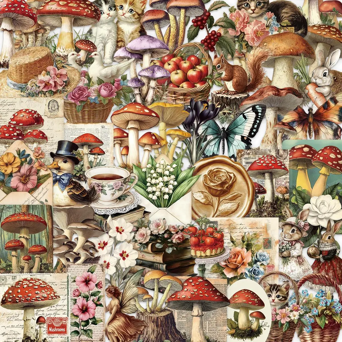Vintage Mushroom Pattern Sticker, Decorative Stickers 50pcs/set Waterproof Self Adhesive Decal Decor Paper, Decor Sticker Protection for Gift Greeting Card Water Bottle Laptop Phone, Cellphone, Screen Protector