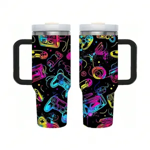 40 Oz Graffiti Gaming Tumbler With Handle And Straw Lid - Stainless Steel Insulated Travel Mug, Colorful Retro Game Controller Coffee Cup For Gamers, Keeps Cold/Hot