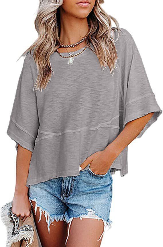 Women’s Summer Casual Crewneck Batwing Half Sleeve Top, Solid Color Loose Fit Flowy Basic T-Shirt Blouse for Everyday Wear