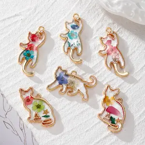 Cute little cat dry flower plant alloy resin pendant DIY star flower earring necklace keychain accessories
