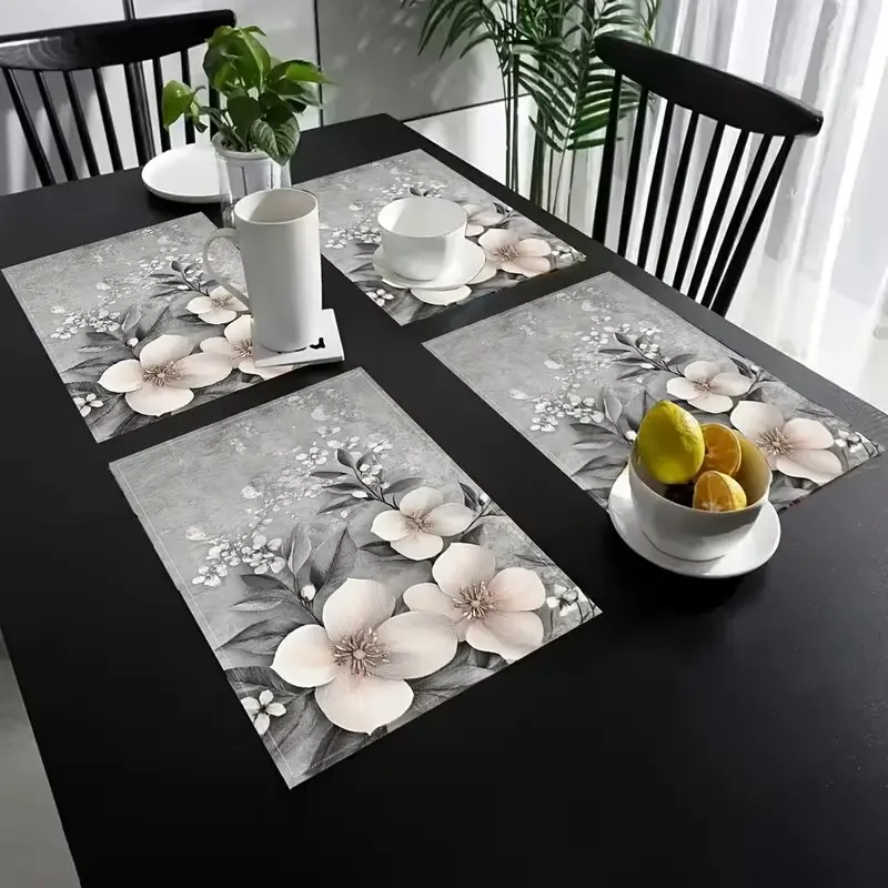 2D flat printing, 2-piece/4-piece floral tablecloth set, linen placemat, Dining Table Mats, Floral Pattern Placemat, Table Placemats, white and gray floral design, suitable for kitchen and restaurant decoration, family gatherings and party settings