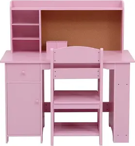 Kids Desk and Chair Set, Wooden Children Study Table with Storage Shelves, Cork Bulletin Board, Drawer and Cabinet, Student Computer Workstation Writing Desk for Kids Bedroom
